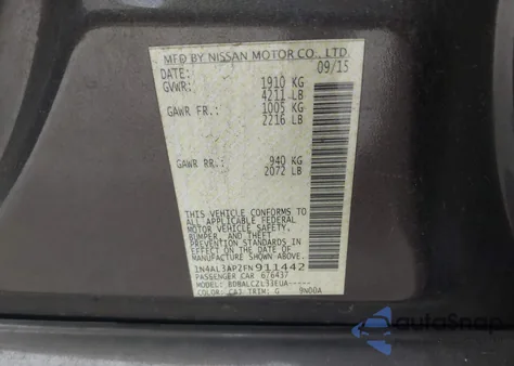 2015 Nissan Altima 2.5/2.5 S/2.5 Sl/2.5 Sv from USA, damaged, VIN 1N4AL3AP2FN911442